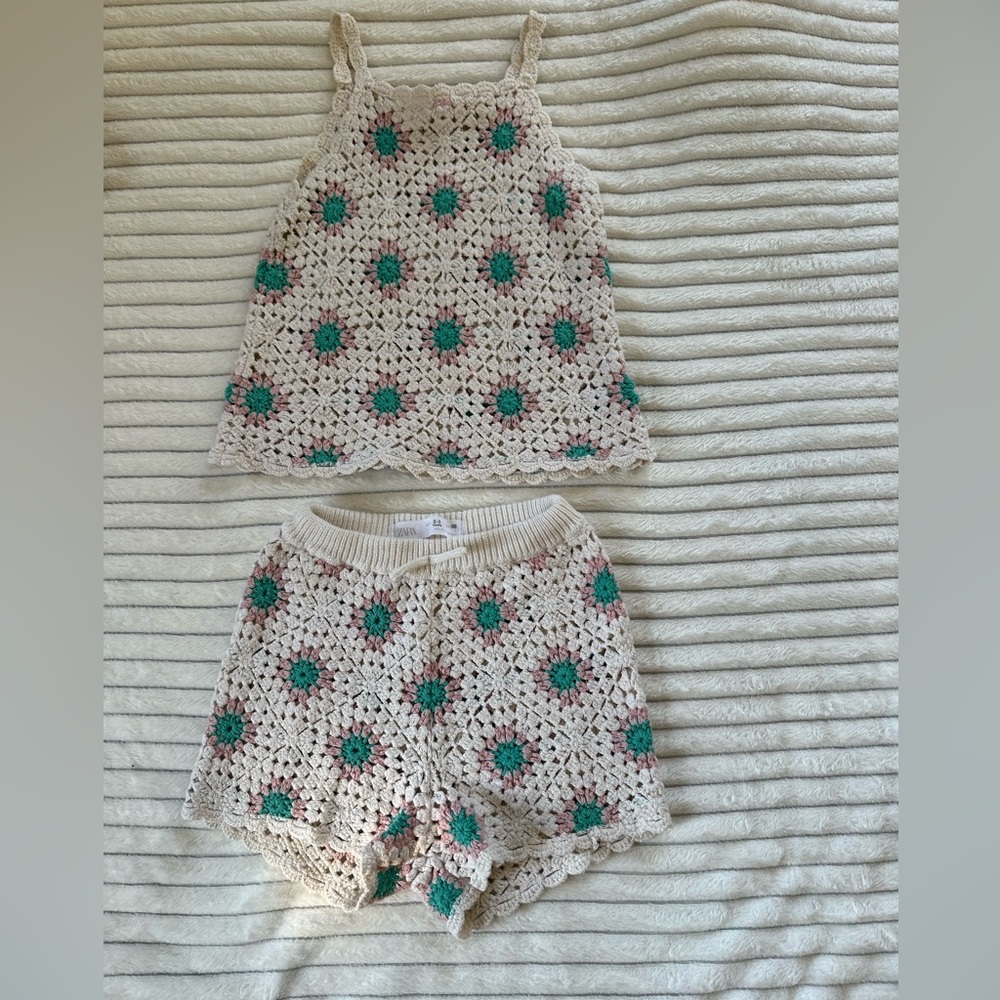Zara Cream and Green Kids Crochet Matching Set